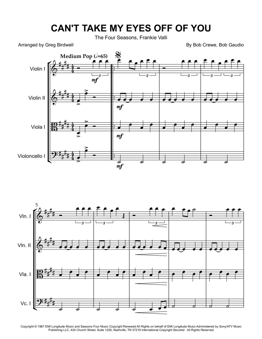 Can't Take My Eyes Off Of You String Quartet scores gallery preview page 1