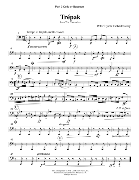 Trepak from The Nutcracker for Piano Quartet (Violin, Viola, Cello, Piano) Set of 4 Parts