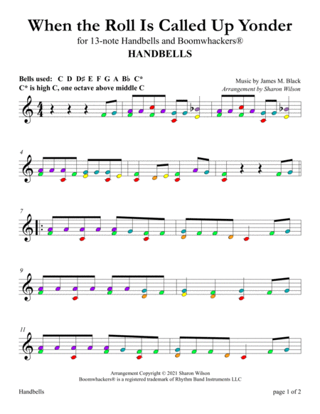 “When the Roll Is Called Up Yonder” for 13-note Bells and Boomwhackers® (with Color Coded Notes) by Sharon Wilson Handbell Choir - Digital Sheet Music