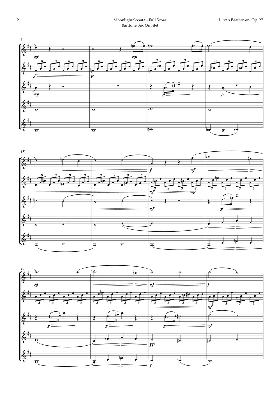 Moonlight Sonata by Beethoven for Baritone Sax Quintet Woodwind Quintet scores gallery preview page 3