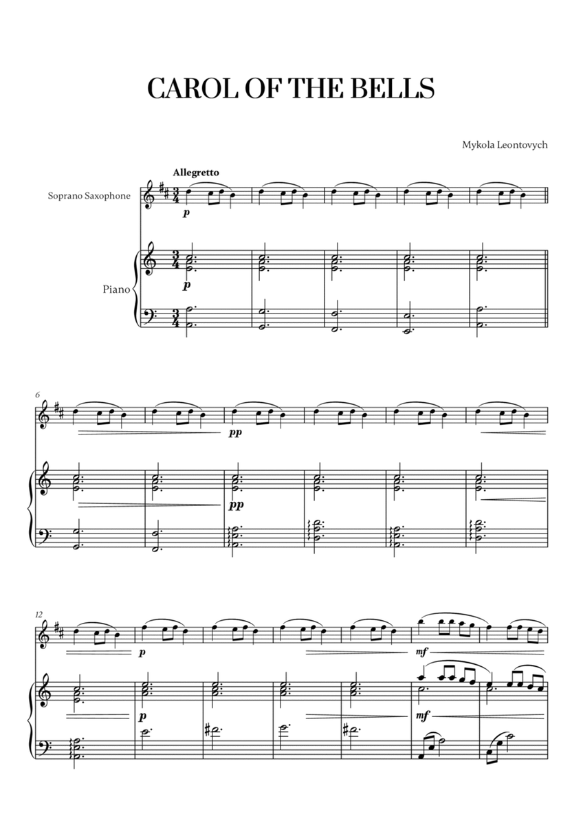 Carol of the Bells (Very Easy/Beginner) - A minor (for Soprano Saxophone and Piano) image number null