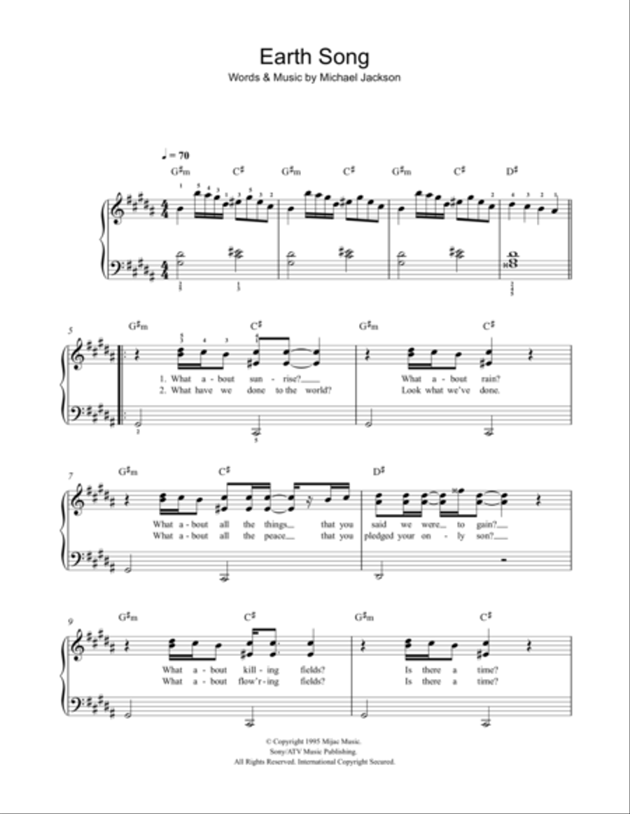 Earth Song Easy Piano scores gallery preview page 1
