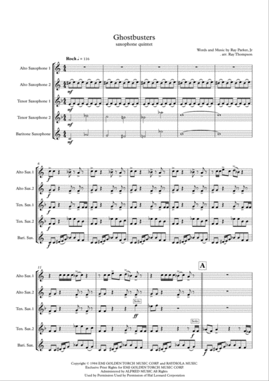 Ghostbusters Saxophone Quintet scores gallery preview page 1