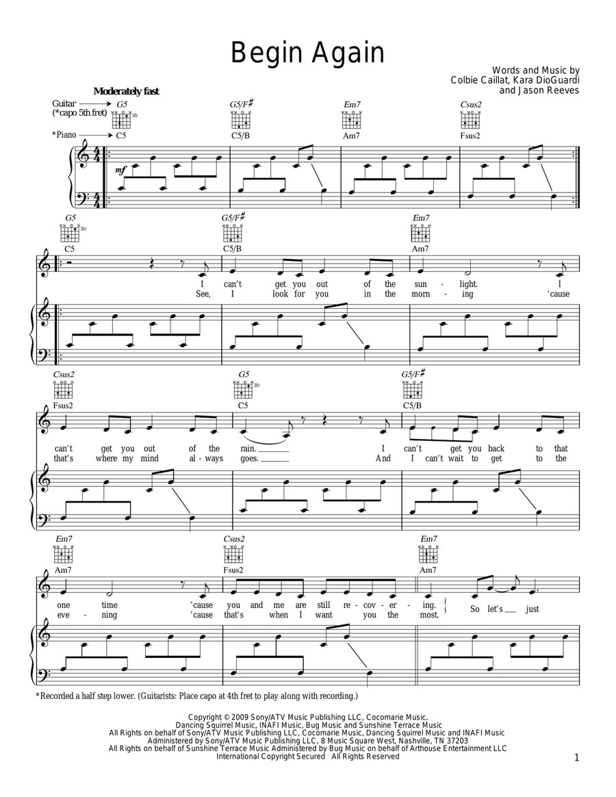 Begin Again Piano, Vocal, Guitar scores gallery preview page 1