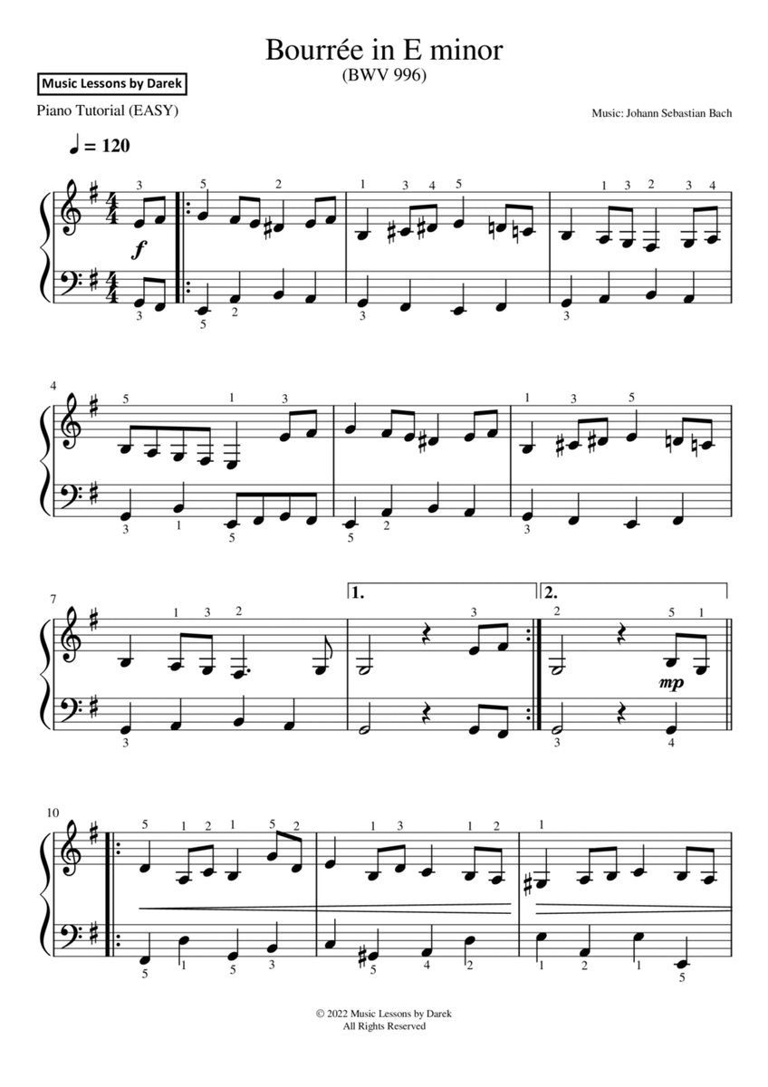 Bourrée in E minor (EASY PIANO) BWV 996 [Johann Sebastian Bach] image number null