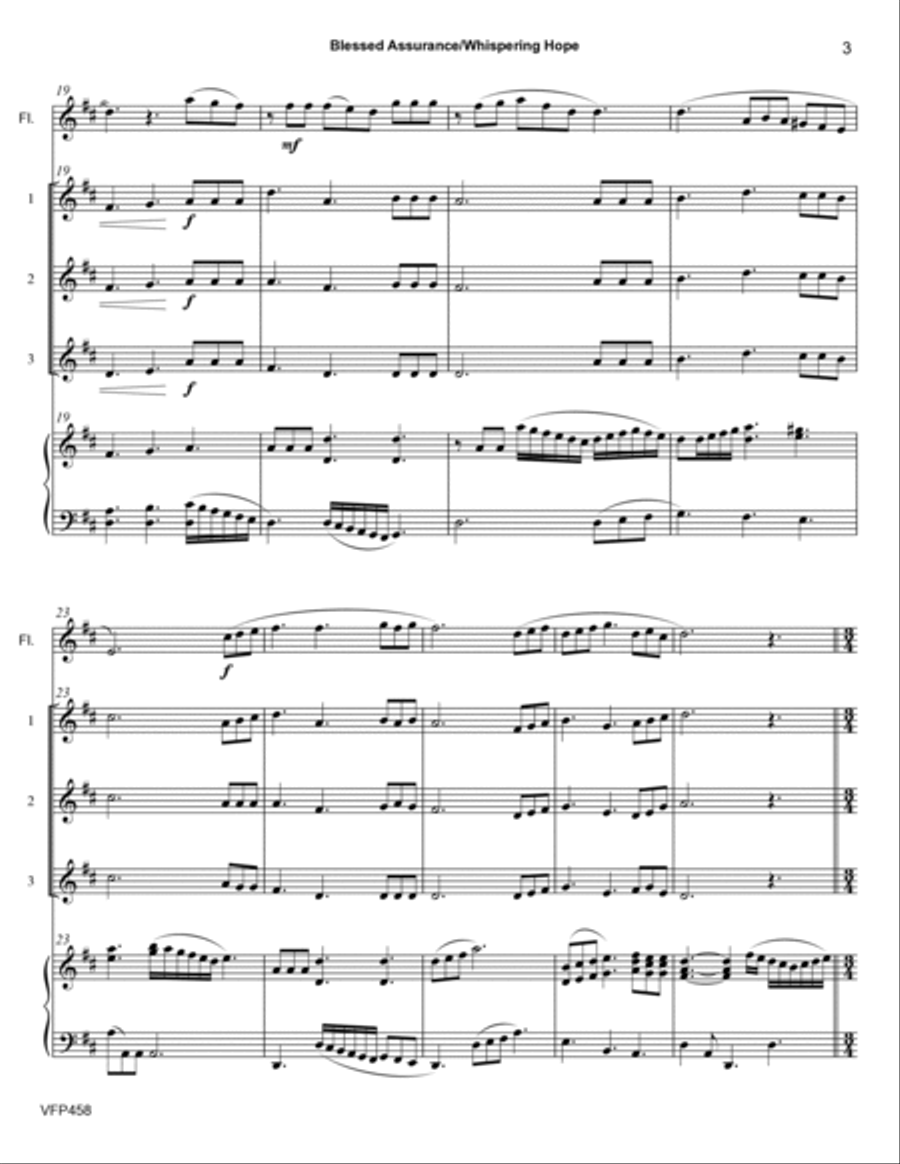 BLESSED ASSURANCE with WHISPERING HOPE - 3 Violins & Flute with Piano Accompaniment Small Ensemble scores gallery preview page 3