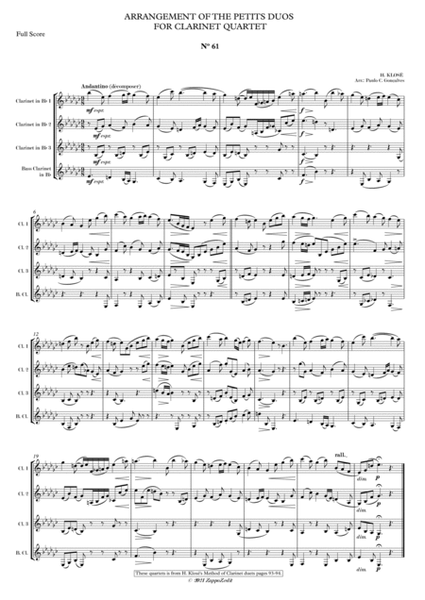 ARRANGEMENT OF THE PETITS DUOS FOR CLARINET QUARTET Nº 61 & 62 image number null