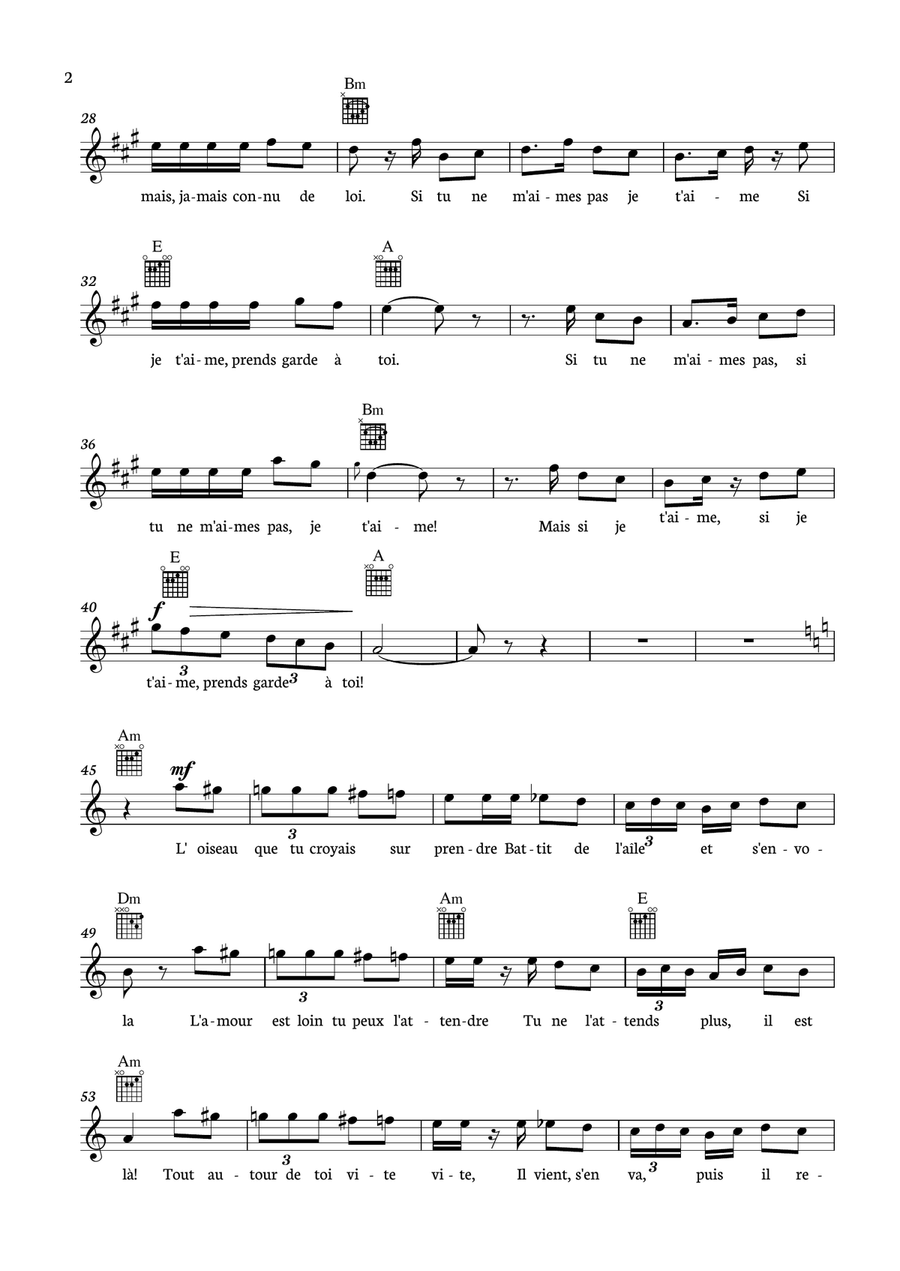 Habanera from Carmen for Guitar with chords and lyrics. Classical Guitar scores gallery preview page 2