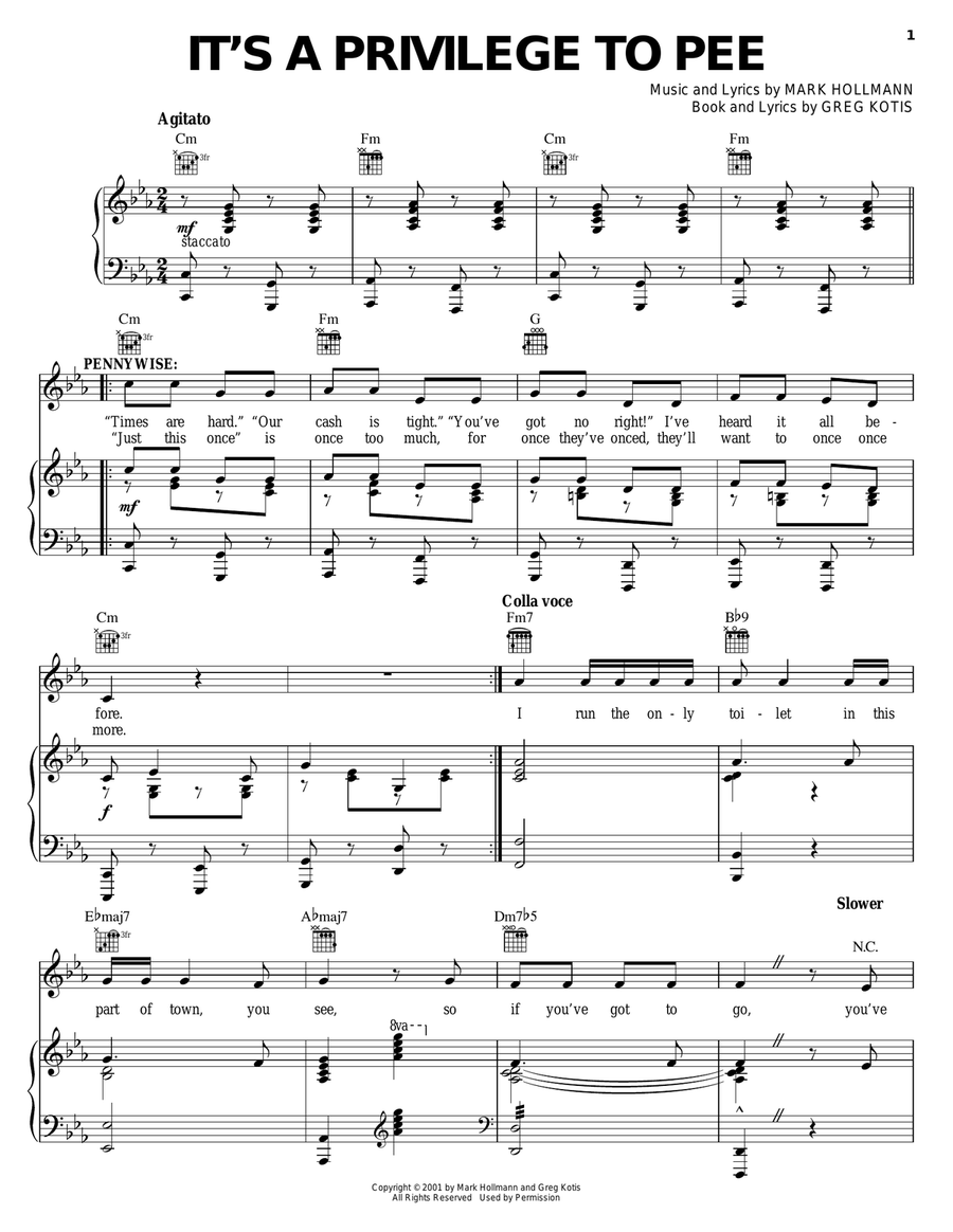 It's A Privilege To Pee Piano, Vocal, Guitar scores gallery preview page 1