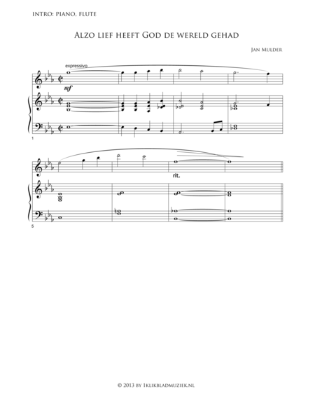Alzo Lief Heeft God De Wereld Gehad - Johannes 3 :16 - Jan Mulder- Flute, Oboe, Harp (Accompaniment For Mixed Choir) image number null