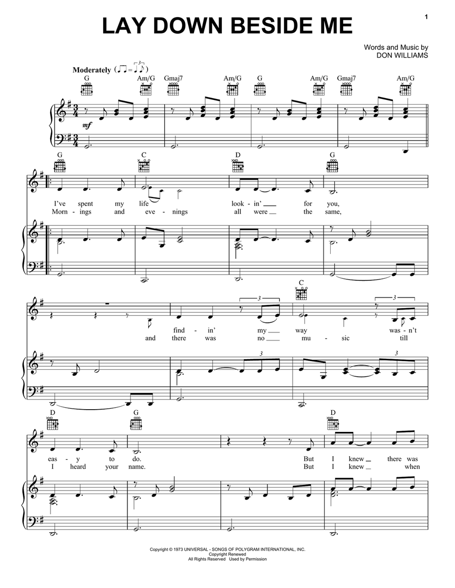 Lay Down Beside Me Lay Down Beside Me Piano, Vocal, Guitar scores gallery preview page 1
