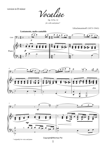 Vocalise Op.34 No.14  by Serjeij Rachmaninoff, transcription for cello and piano
