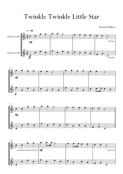 Twinkle Twinkle Little Star in Bb Major for Clarinet Duo. Easy version. image number null