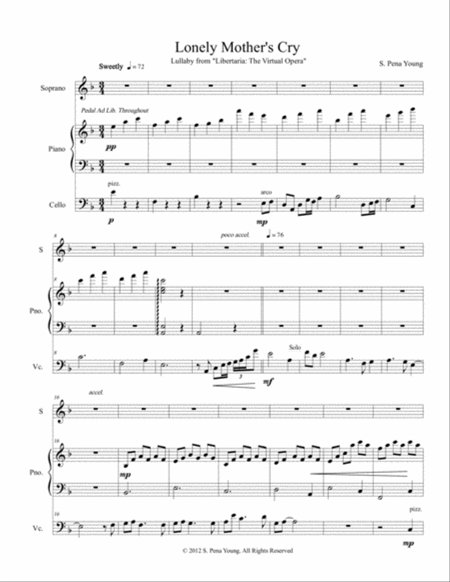 Lonely Mother Cry Lullaby for Soprano, Cello, Piano Piano, Vocal, Guitar scores gallery preview page 1