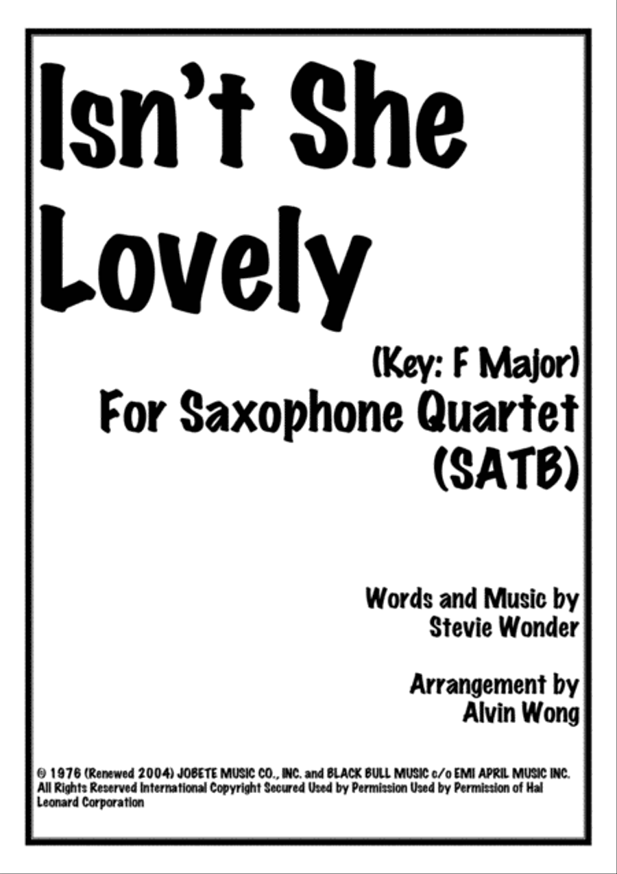 Isn't She Lovely Saxophone Quartet scores gallery preview page 1