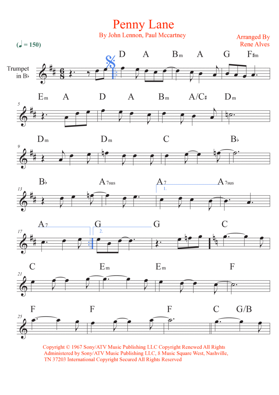 Penny Lane B-Flat Trumpet scores gallery preview page 1