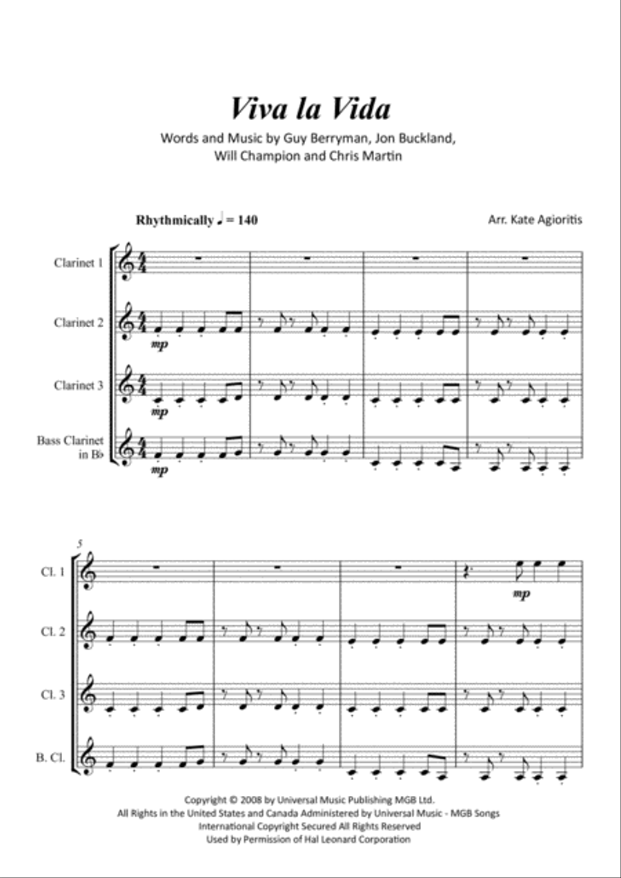 Viva La Vida Clarinet Quartet scores gallery preview page 2