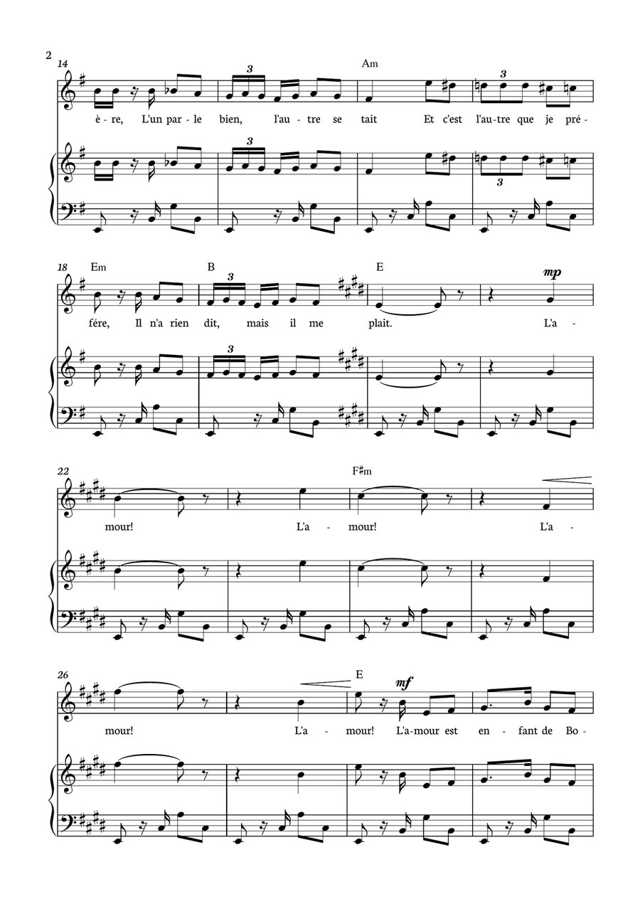 Habanera - Carmen for piano, chords and voice in E minor. Piano, Vocal scores gallery preview page 2