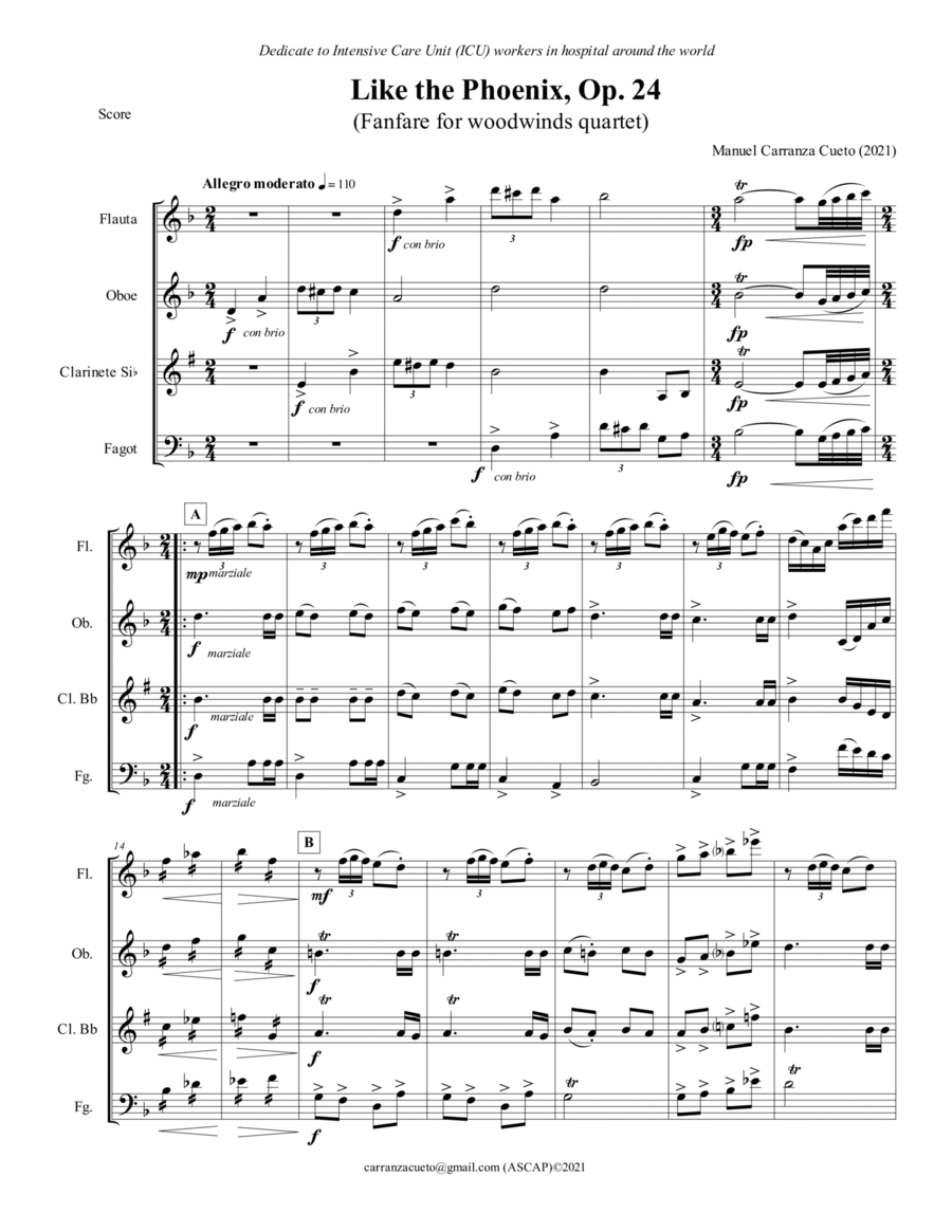 Like the Phoenix, Op 24 (fanfare for woodwinds quartet version) Woodwind Quartet scores gallery preview page 1