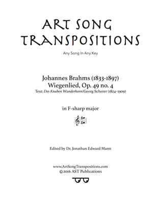 Book cover for BRAHMS: Wiegenlied, Op. 49 no. 4 (transposed to F-sharp major)