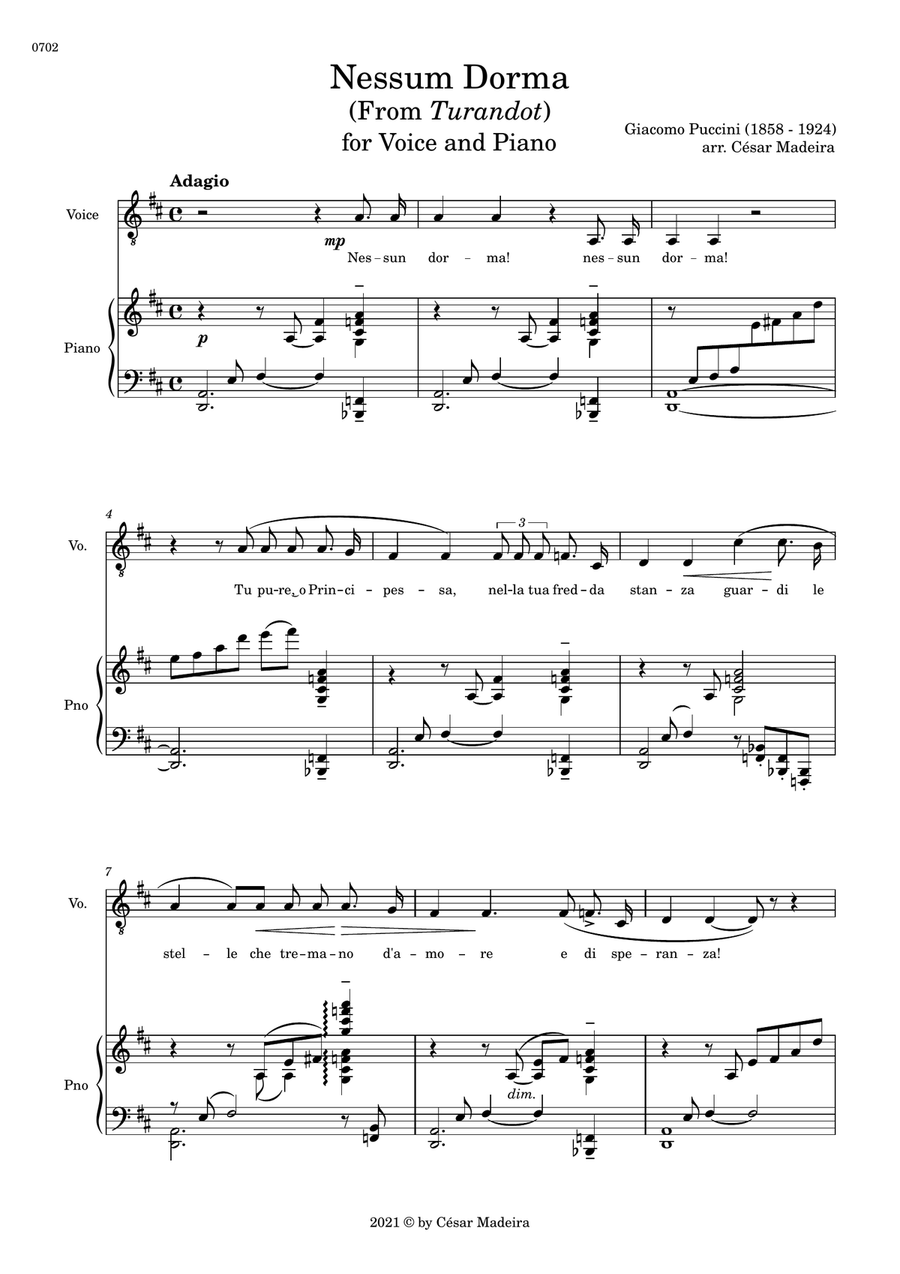 Nessun Dorma by Puccini - Voice and Piano (Full Score and Parts) Piano, Vocal scores gallery preview page 2