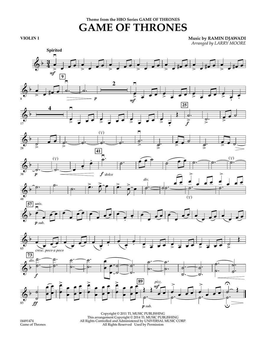 Game of Thrones (arr. Larry Moore) - Violin 1 Orchestra scores gallery preview page 1