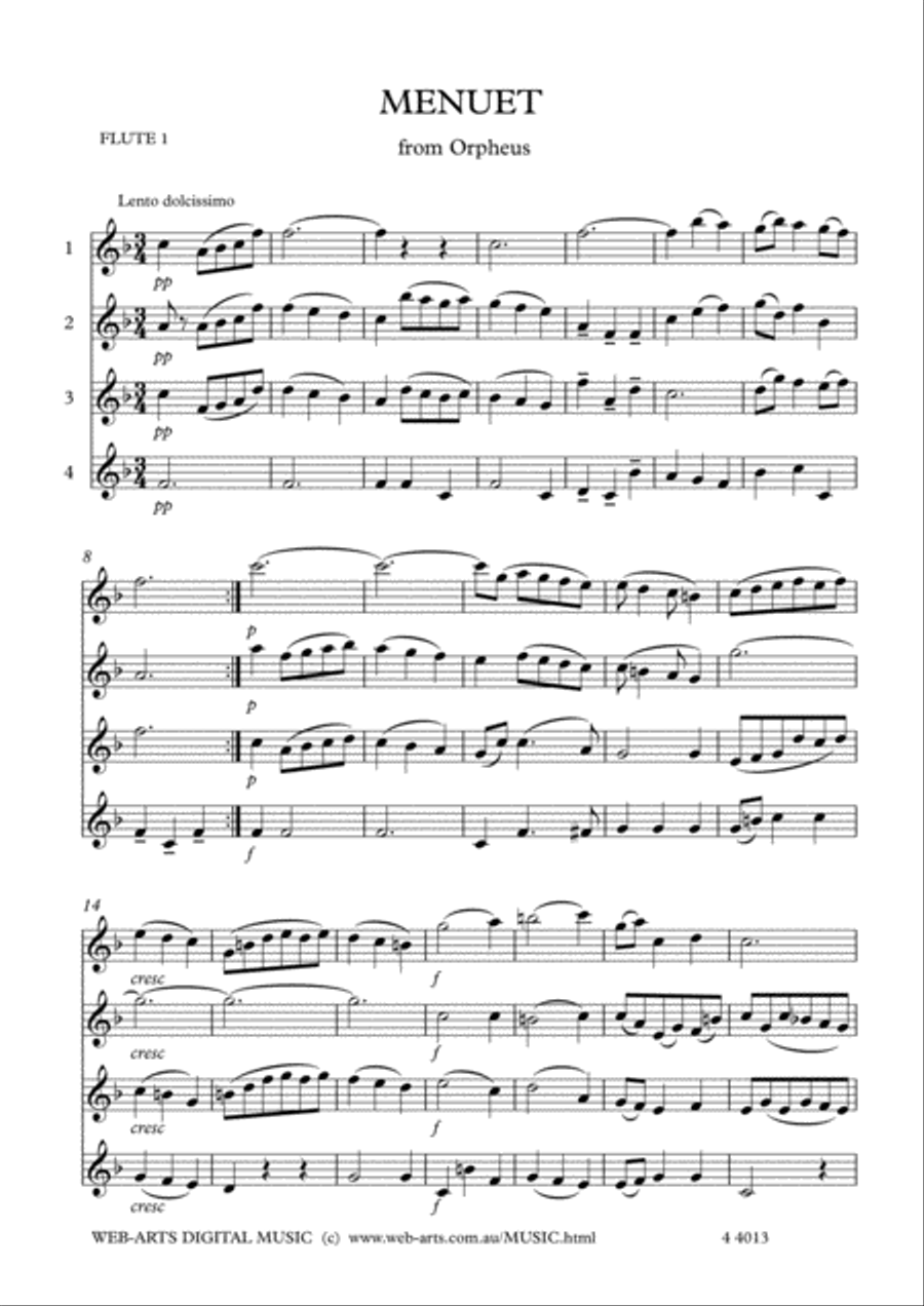MENUET from ORPHEUS for 4 flutes - GLUCK Flute Quartet scores gallery preview page 2