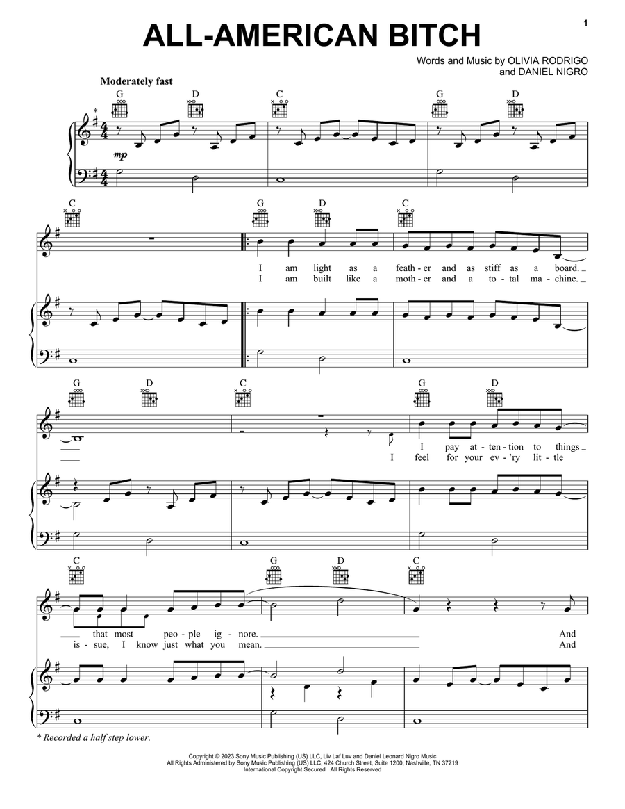 all-american bitch Piano, Vocal, Guitar scores gallery preview page 1