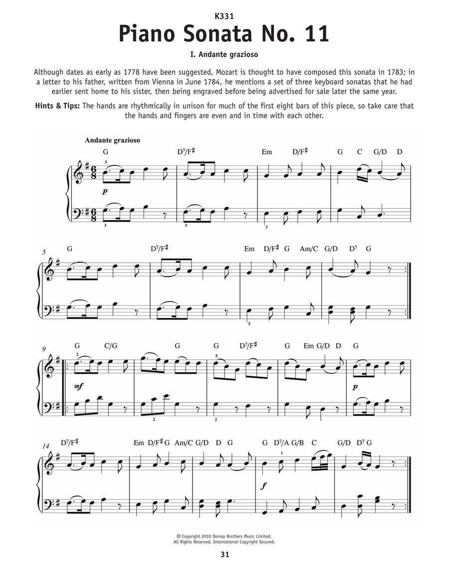 Andante Grazioso, K. 331 (Theme) Easy Piano scores gallery preview page 1