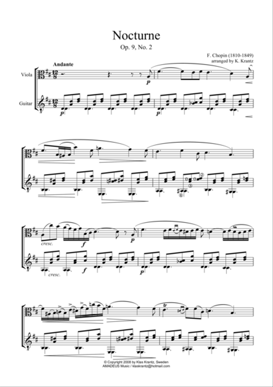 Nocturne Op. 9 No. 2 for viola and guitar (abridged) String Duet scores gallery preview page 1