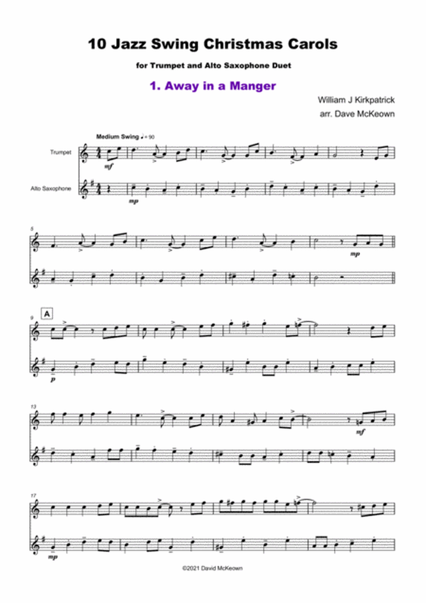 10 Jazz Swing Carols for Trumpet and Alto Saxophone Duet
