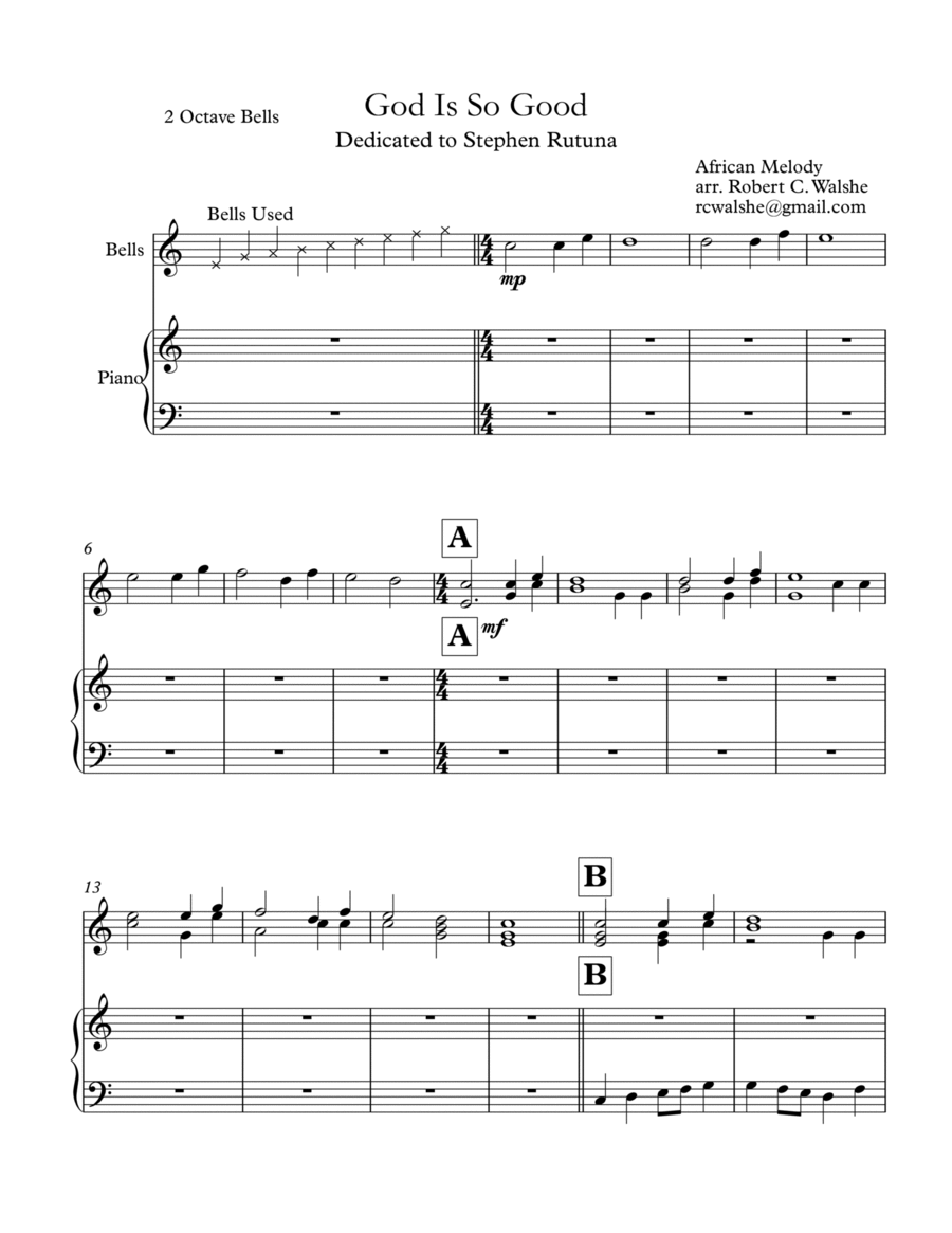 God is So Good: 5 Ringers and Piano (tableless arrangement option) 2 Octave Bells (TL) 2-Octaves scores gallery preview page 1