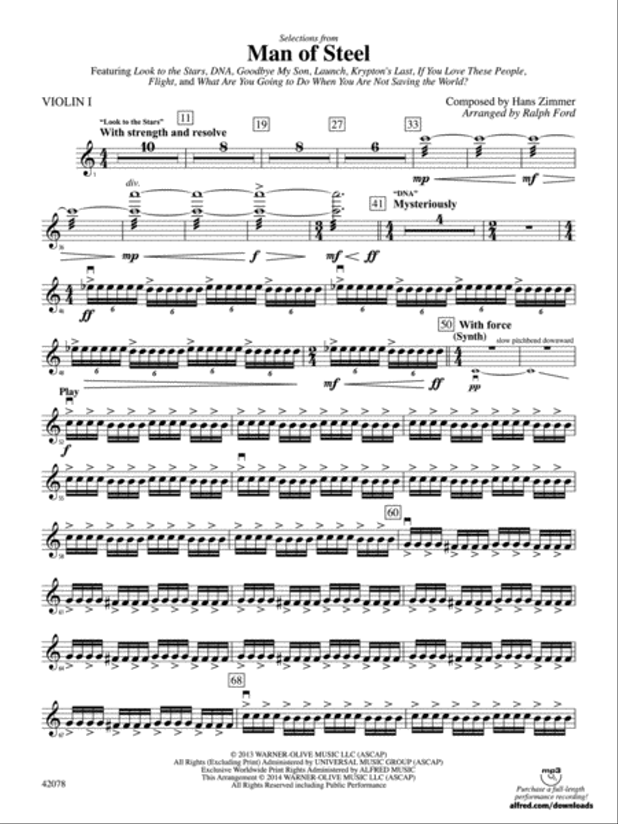 Man of Steel, Selections from: 1st Violin Full Orchestra scores gallery preview page 1