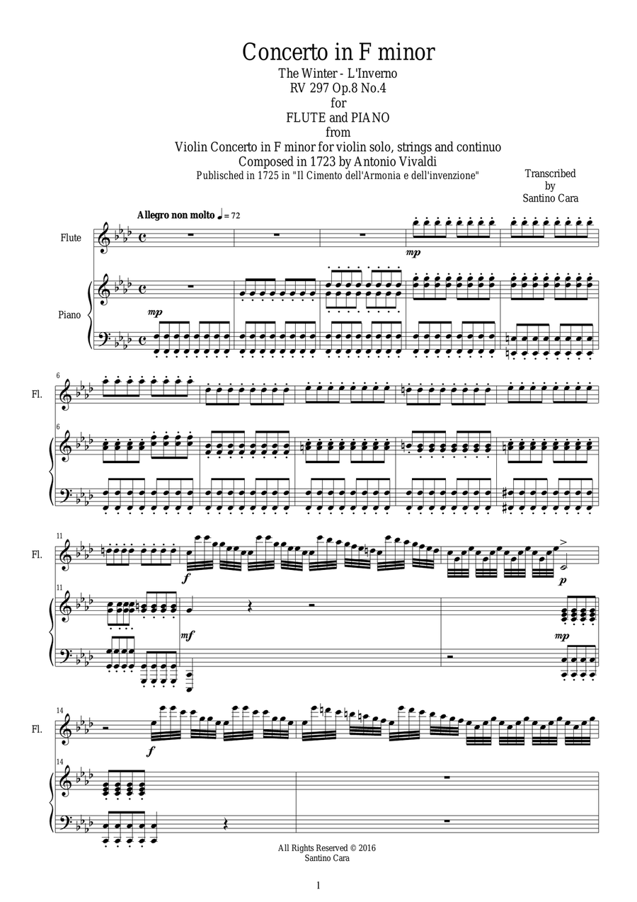 Vivaldi - Concerto in F minor 'Winter' RV 297 Op.8 No.4 Flute and Piano Flute Solo scores gallery preview page 1