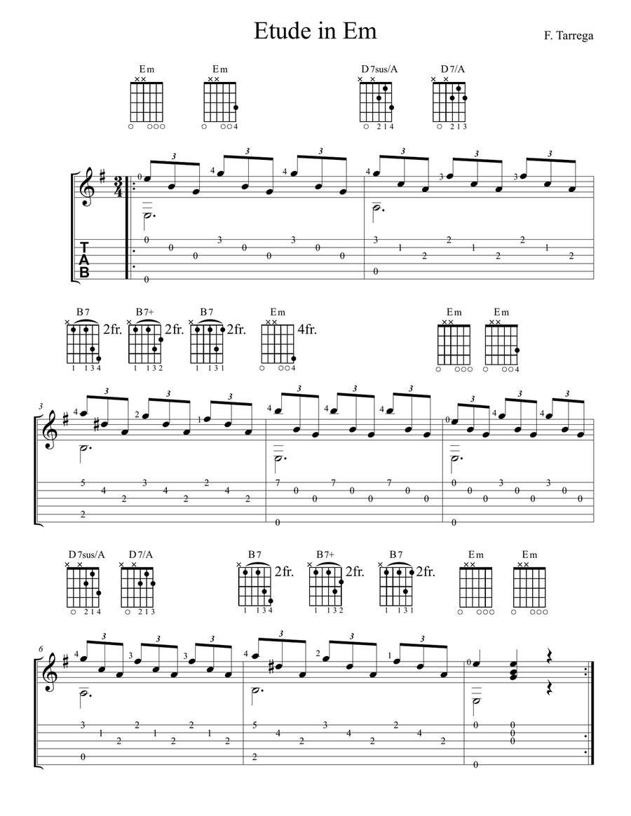 Etude in E Minor by Francisco Tárrega Acoustic Guitar scores gallery preview page 1