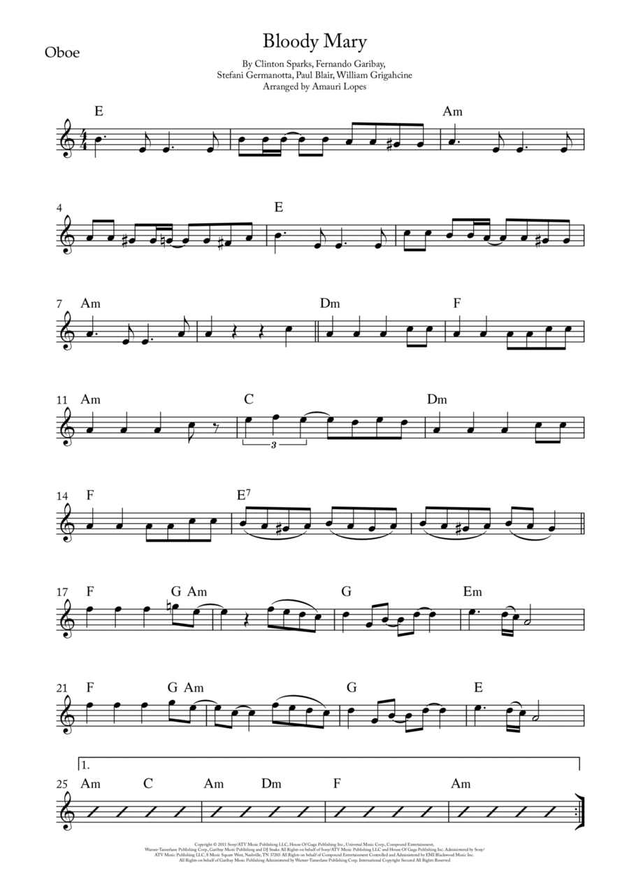 Bloody Mary Bloody Mary Oboe Solo scores gallery preview page 1