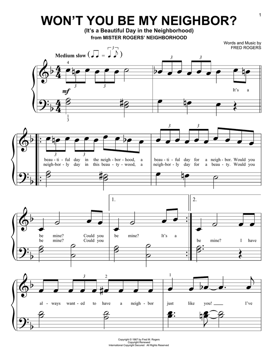 Won't You Be My Neighbor? (It's A Beautiful Day In The Neighborhood) Easy Piano scores gallery preview page 1