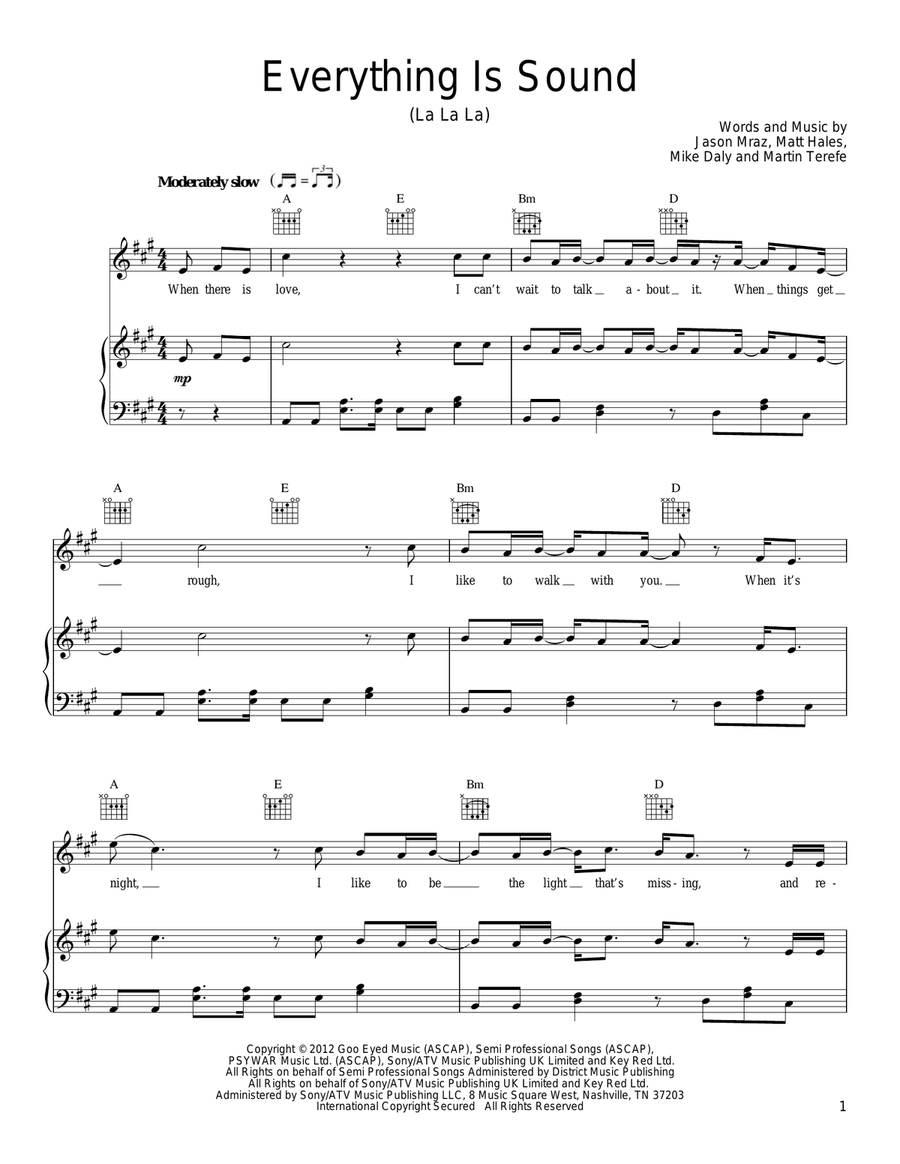 Everything Is Sound (La La La) Piano, Vocal, Guitar scores gallery preview page 1