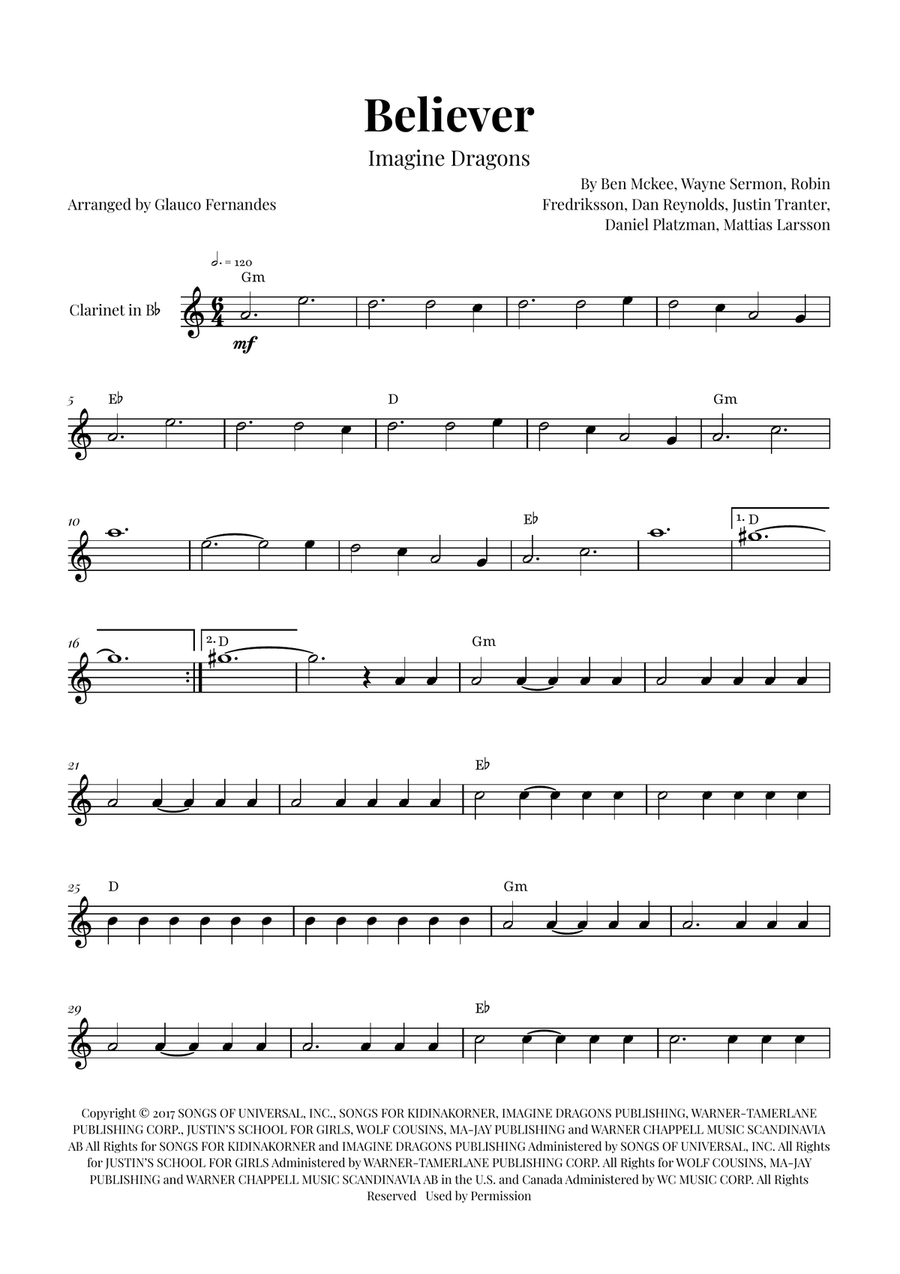 Believer B-Flat Clarinet scores gallery preview page 1