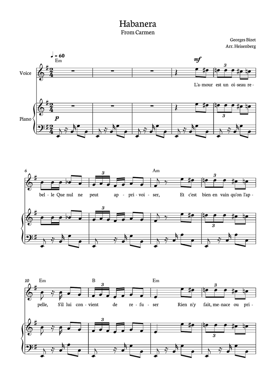 Habanera - Carmen for piano, chords and voice in E minor. Piano, Vocal scores gallery preview page 1