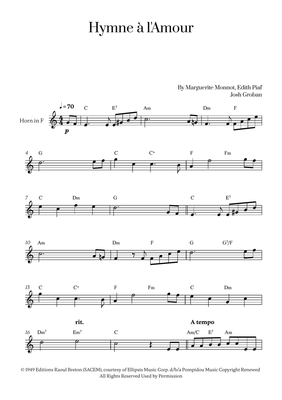 Hymne A L'amour Horn Solo scores gallery preview page 1