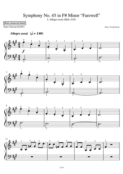 Symphony No. 45 in F# Minor “Farewell” (EASY PIANO) I. Allegro assai (Hob. I:45) [Joseph Haydn] image number null