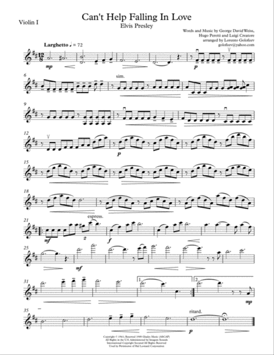 Can't Help Falling In Love String Quartet scores gallery preview page 1