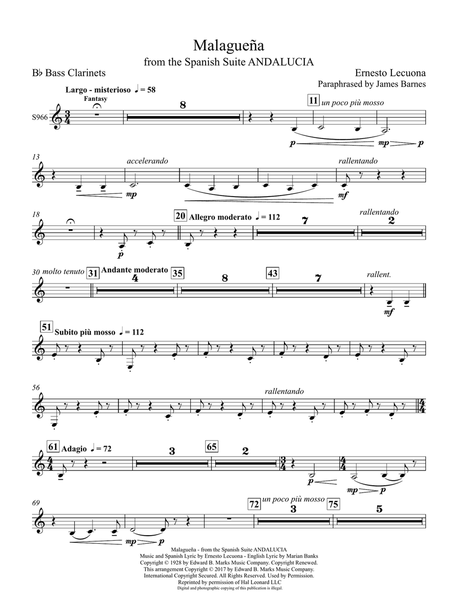 Malagueña (from Andalucia) (arr. James Barnes) - Bass Clarinet Concert Band scores gallery preview page 1