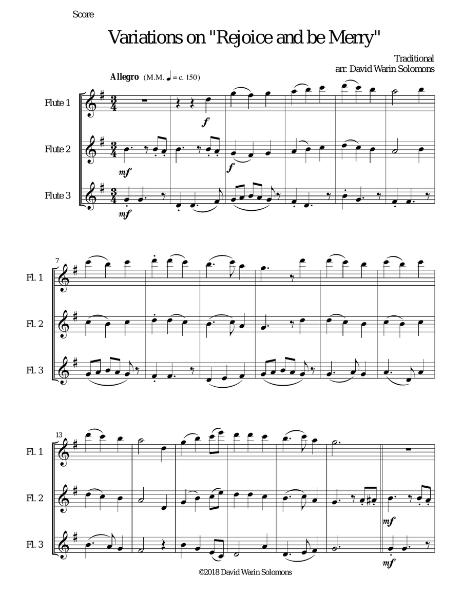 Variations on Rejoice and Be Merry (The Gallery Carol) for 3 flutes Flute Solo scores gallery preview page 1