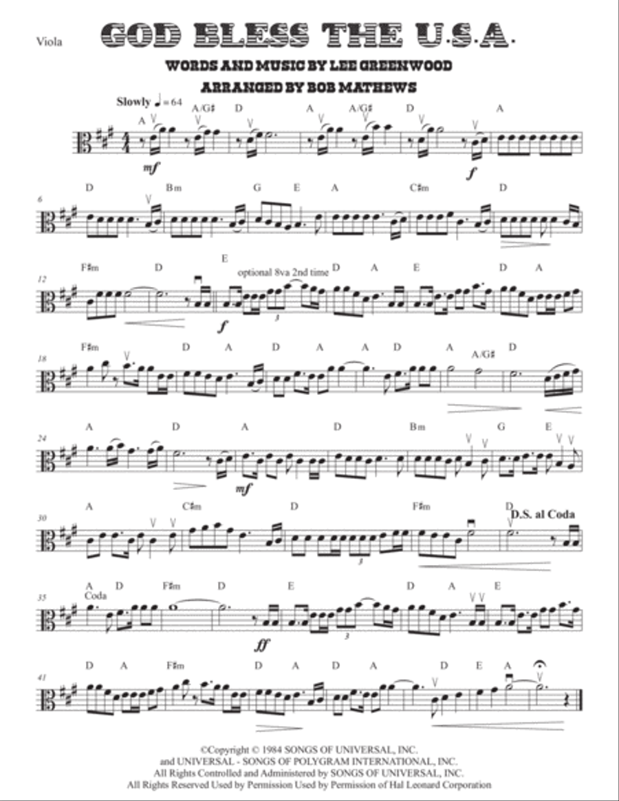 God Bless The U.S.A. God Bless The U.S.A. Viola Solo scores gallery preview page 1