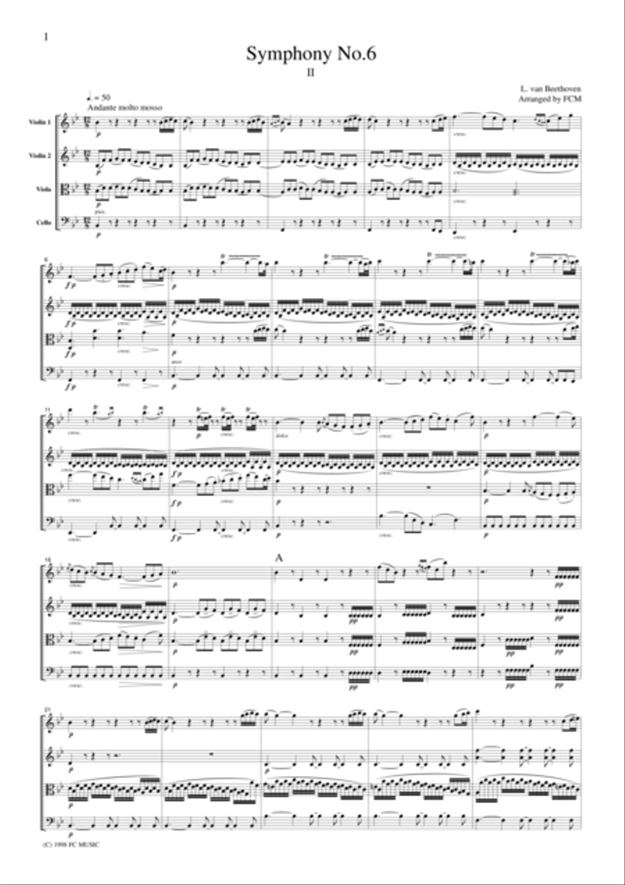 Beethoven Symphony No.6 (Pastoral), 2nd mvt., for string quartet, CB006 String Quartet scores gallery preview page 1