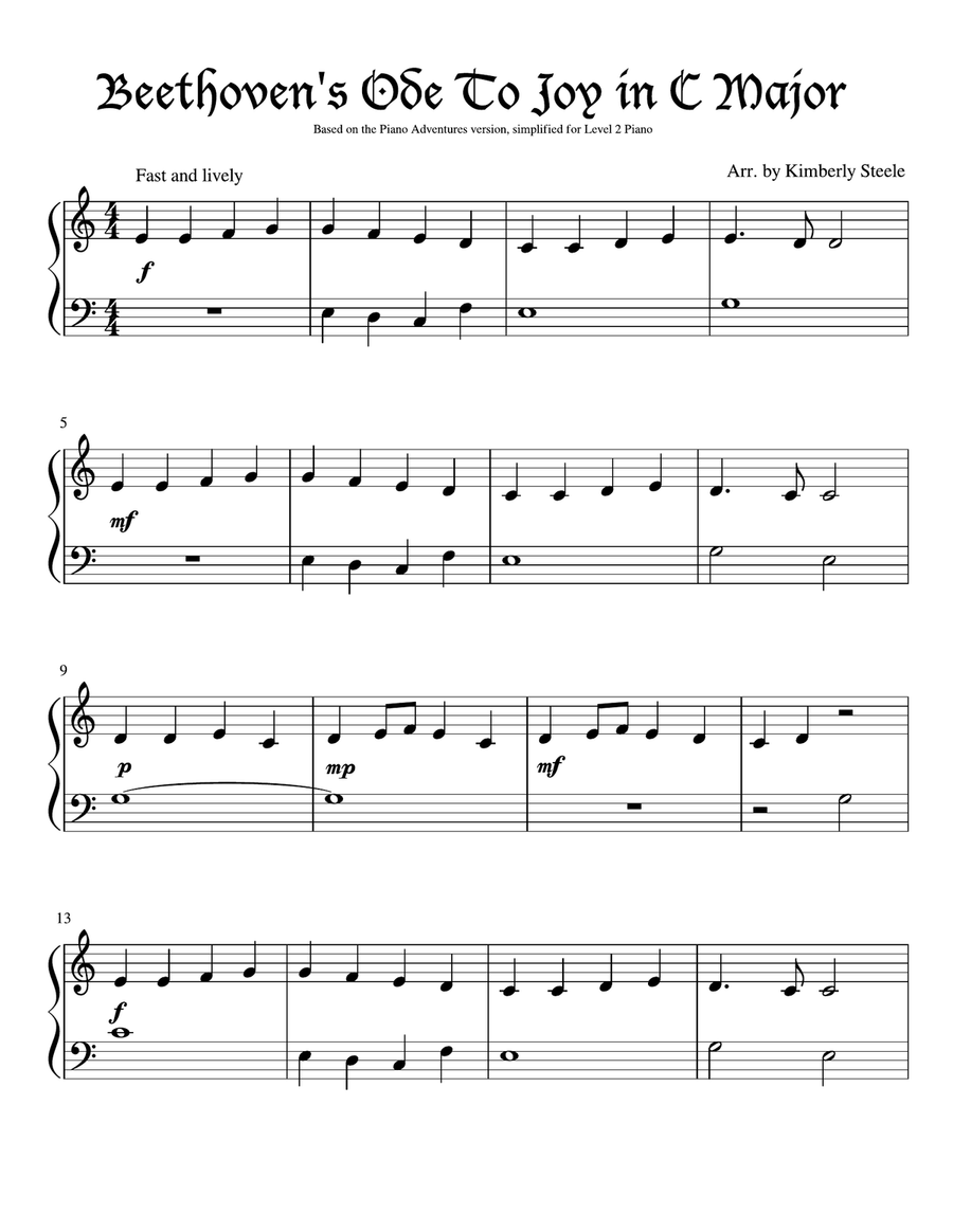 Beethoven's Ode To Joy For Piano Level 2 Based On The Piano Adventures Version