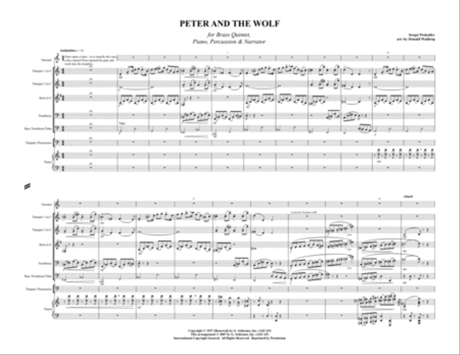 Peter and the Wolf for Brass Quintet, Piano, Percussion and Narrator Piano scores gallery preview page 2