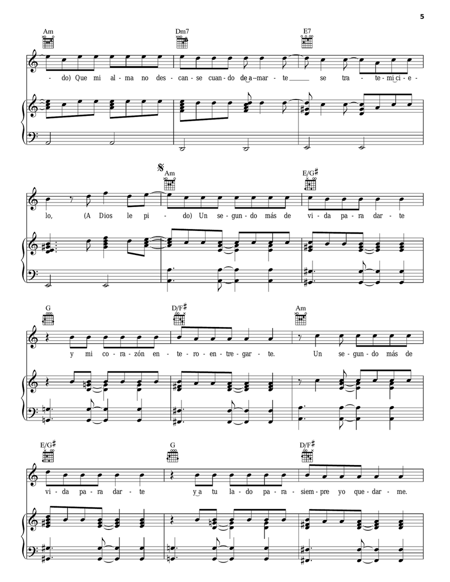 A Dios Le Pido Piano, Vocal, Guitar scores gallery preview page 5